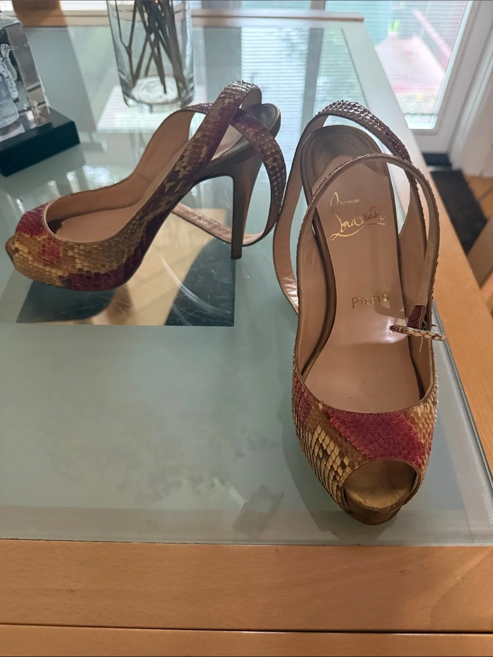 Christian Louboutin Red and Gold Snake-Embossed Peep-Toe Slingbacks